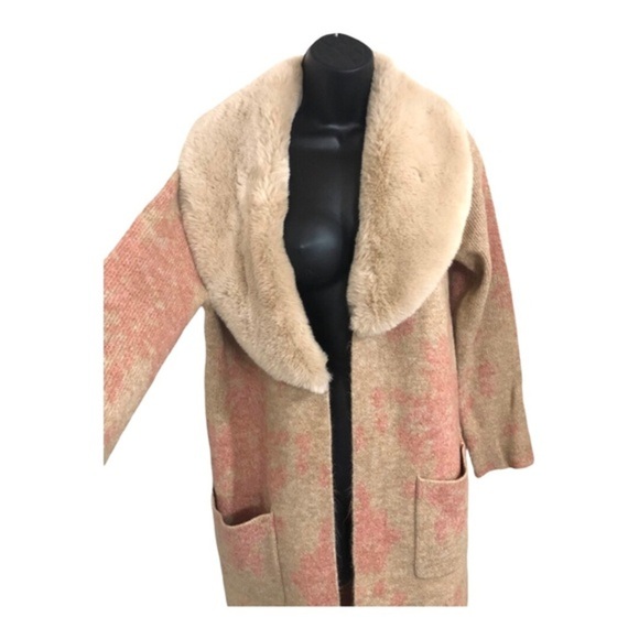 Tan & pink glam oversized faux fur collar open front long cardigan size small - Picture 4 of 14